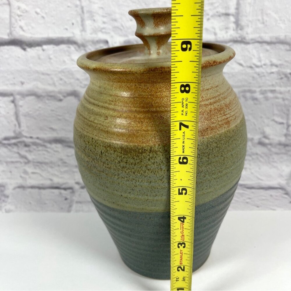 VTG Studio Stoneware Art Pottery Handmade Earth Green Glaze Lid Jar Pot Signed - Picture 9 of 14